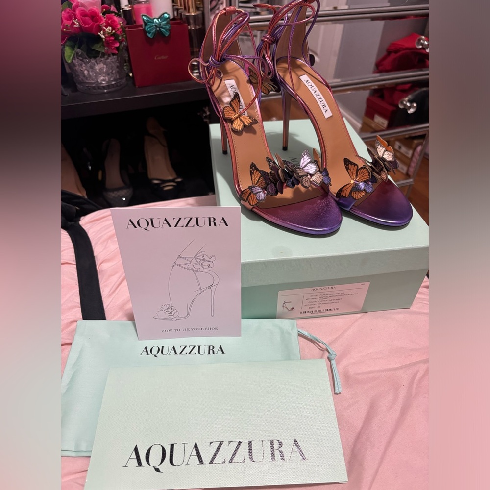 Aquazzura butterfly sandals, size 41, in a metallic ombré purple to orange.